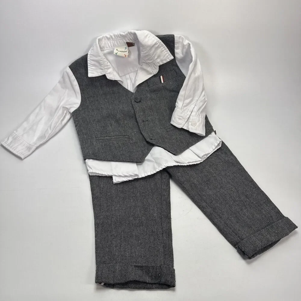 Fore!! Axel & Hudson 12-18M Boys Outfit Sewn On Vest Shirt Pants Herringbone Set